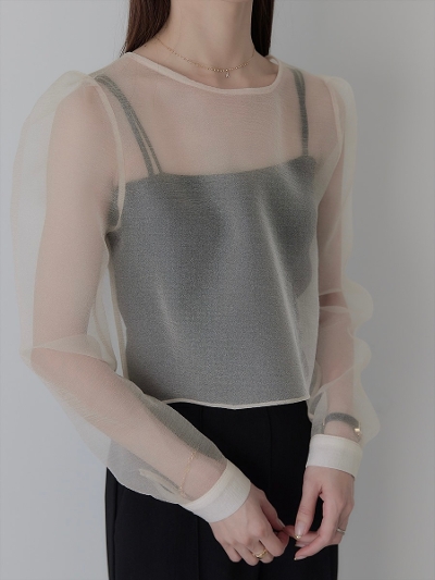 yRE ARRIVALzpuff sleeve sheer blouse / beige