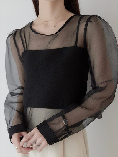 yNEWzpuff sleeve sheer blouse /  black