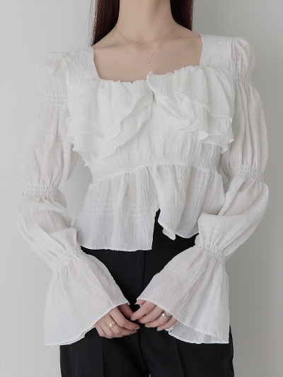 yRE ARRIVALzruffle  frill puff blouse / white