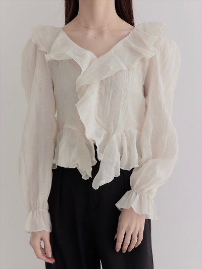 yNEWzcachecoeur frill sheer blouse / beige