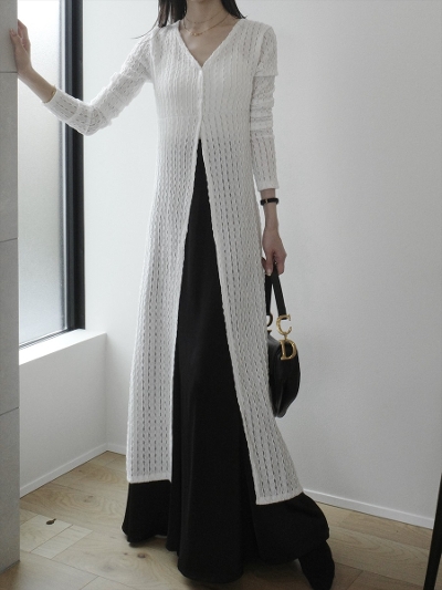 yRE ARRIVALzcheck lace slit dress / white