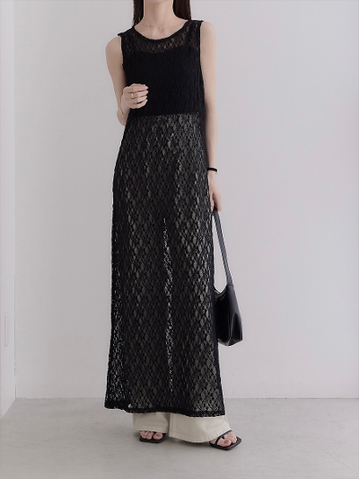 yRE ARRIVALzflower lace long dress / black