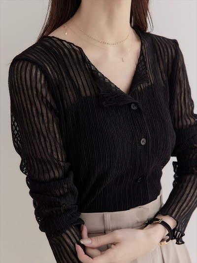 yRE ARRIVALzmellow rib sheer cardigan / black