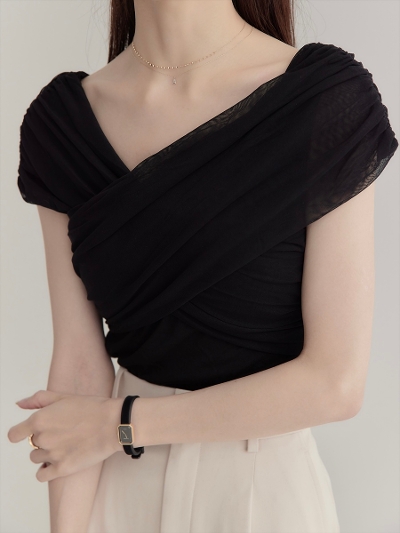 yRE ARRIVALzasymmetry cross tulle tops