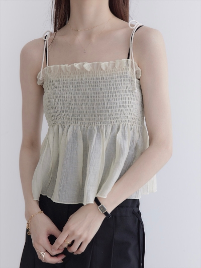 yNEWzribbon strap sheer cami tops / beige