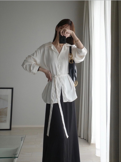 yRE ARRIVALzribbon tie satin shirt blouse