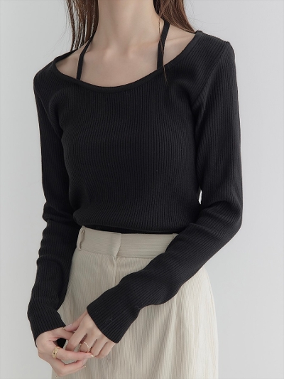 yRE ARRIVALzribbon strap design rib knit / black