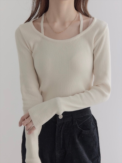 yRE ARRIVALzribbon strap design rib knit / cream