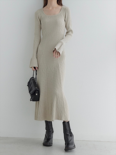 yRE ARRIVALzbell sleeve rib knit dress / beige