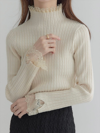 yRE ARRIVALzlace cuffs chain rib knit / cream