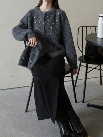yNEWzbeanie set bijou cardigan / grey