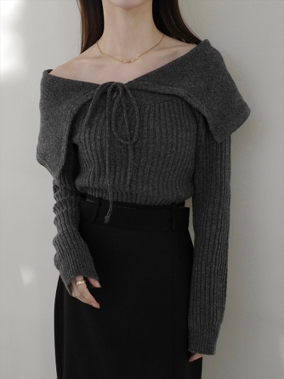 yRE ARRIVALzribbon off shoulder rib knit