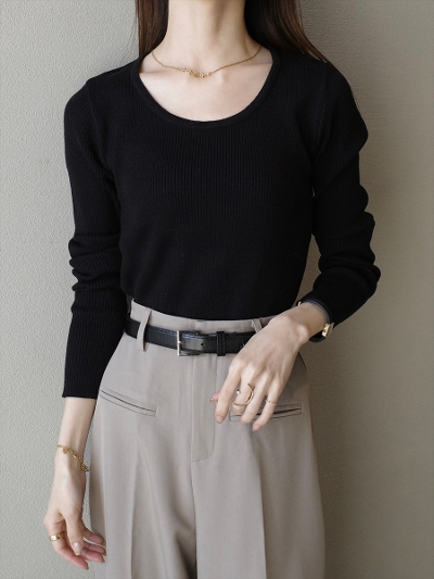 yRE ARRIVALzround neck rib knit / black