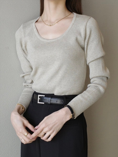 yRE ARRIVALzround neck rib knit / beige