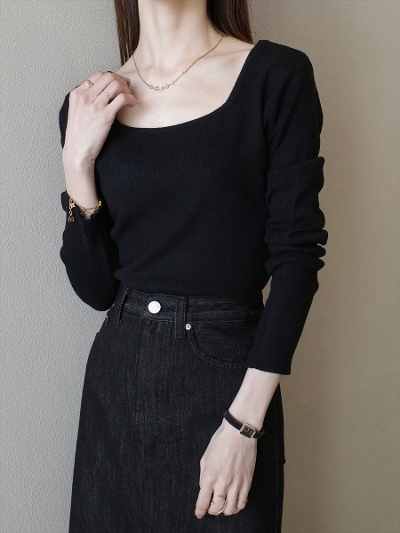yNEWzsquare neck knit tops / black