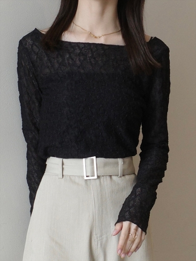 yRE ARRIVALzclassic lace sheer tops / black