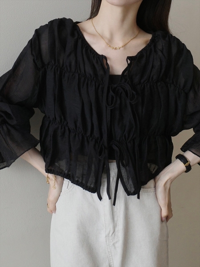 yRE ARRIVALztriple ribbon sheer cardigan / black
