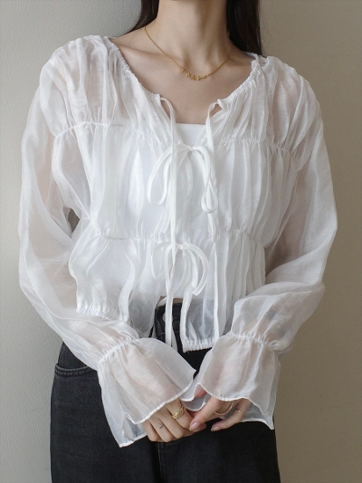 yNEWztriple ribbon sheer cardigan / white