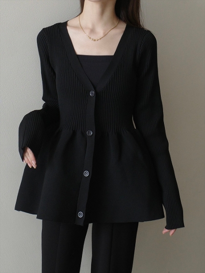 yNEWzpeplum design rib cardigan / black