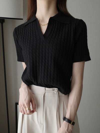 yNEWzcable line polo knit / black
