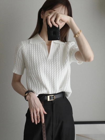 yNEWzcable line polo knit / white