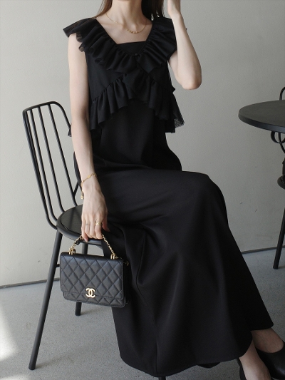 yNEWzfrill layered cami dress / black