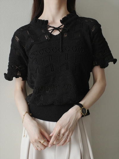 yNEWzribbon tie crochet knit tops