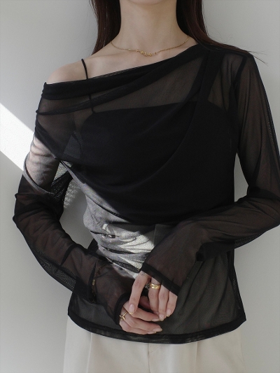 yNEWzdrape design sheer tops / black