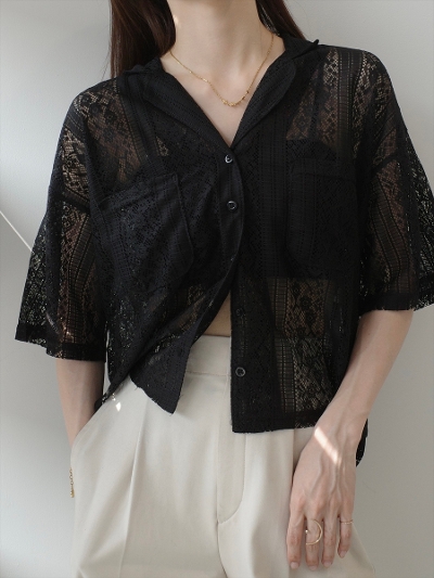 yNEWzflower lace sheer shirt /black