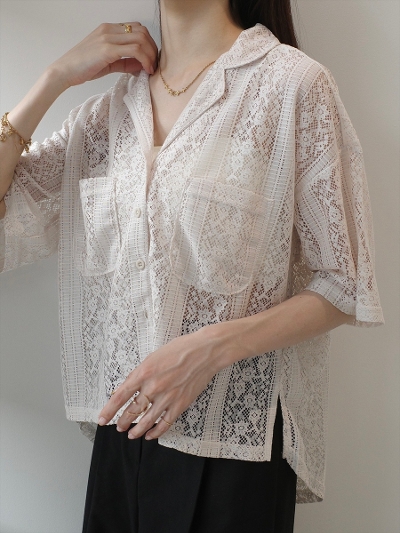 yNEWzflower lace sheer shirt /beige