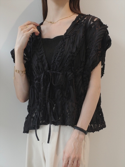 yNEWzembroidery lace double ribbon tops / black