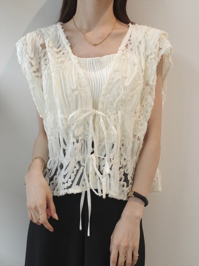 yNEWzembroidery lace double ribbon tops / ivory