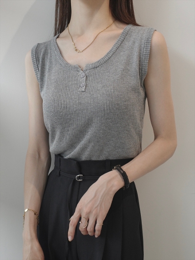 yNEWzbutton neck rib tank top / grey
