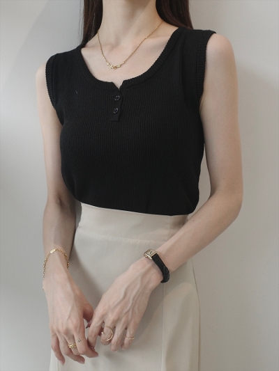 yNEWzbutton neck rib tank top / black