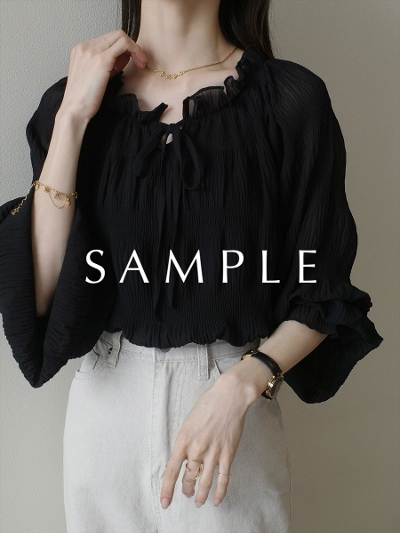 ySAMPLEzribbon tie shirring blouse / black