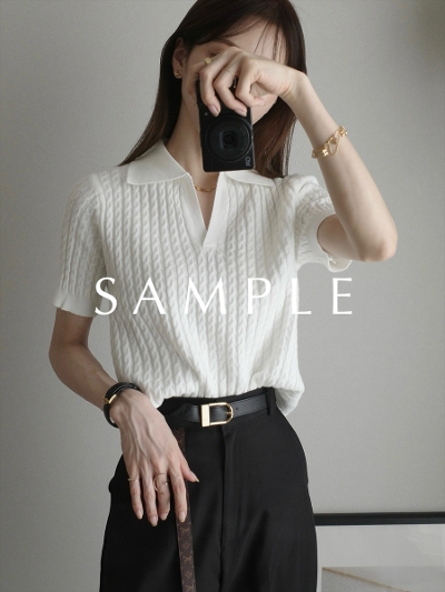 ySAMPLEzcable line polo knit / white