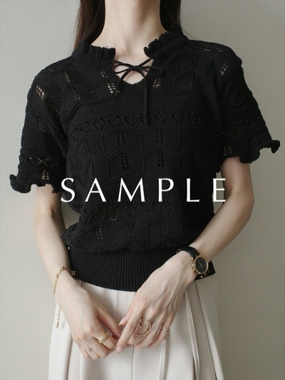 ySAMPLEzribbon tie crochet knit tops