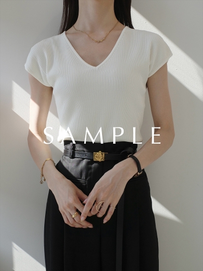 ySAMPLEzfrench sleeve v neck rib tops / ivory