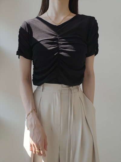 yNEWzgather design sheer tops / black