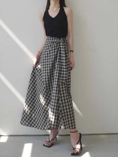 yNEWzribbon tie checked skirt