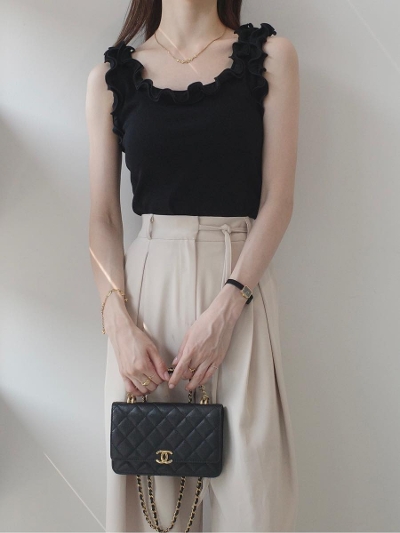 yNEWzfrill neck tank top / black