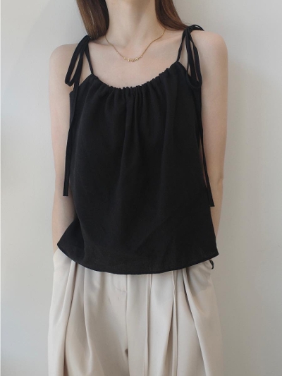 yNEWzribbon strap gather tops / black