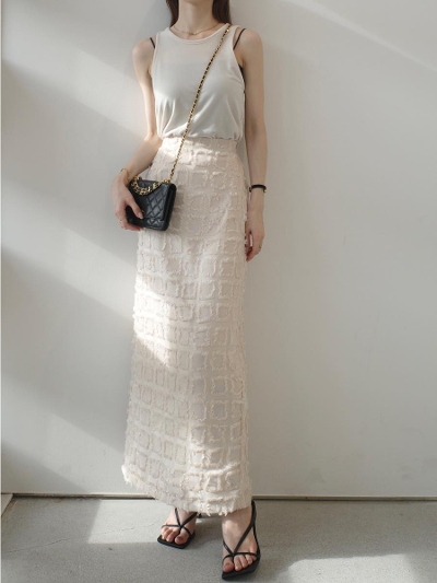 yNEWzfringe tweed pencil skirt / beige