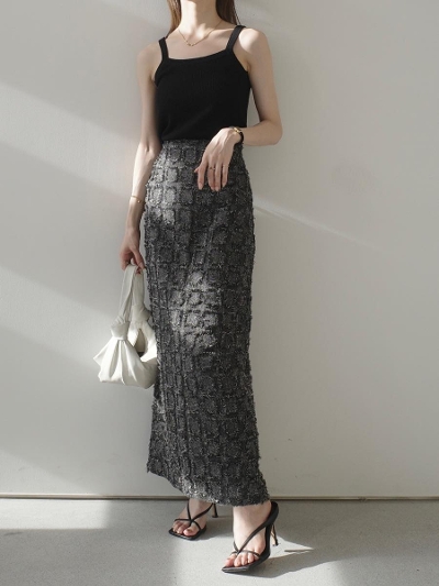 yNEWzfringe tweed pencil skirt / grey
