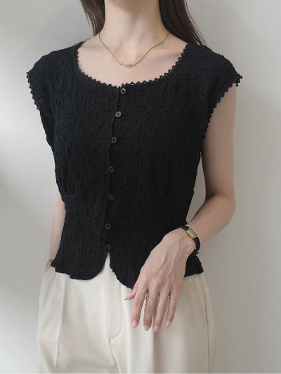 yNEWzscallop neck shirring tops / black