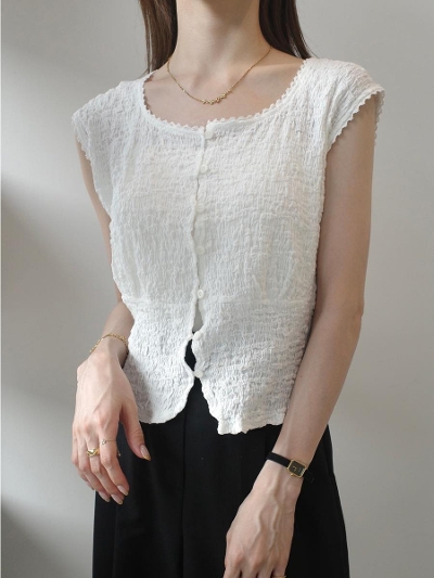 yNEWzscallop neck shirring tops / white