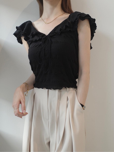 yNEWzruffle frill collar tops / black