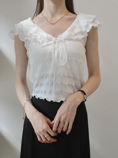 yNEWzruffle frill collar tops / white