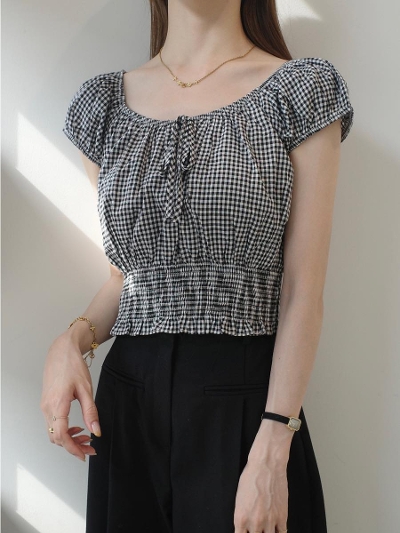 yNEWzpuff shoulder ribbon blouse / mix
