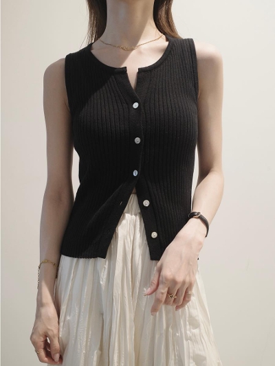 yNEWzslit neck rib knit vest / black